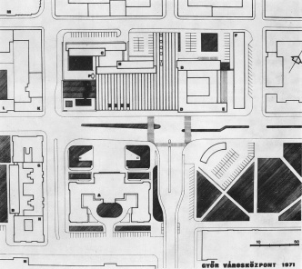 Az új városközpont végleges beépítési terve 1971-ből. A lakóház az "F" jelű a rajzon. (fottás: MÉ)